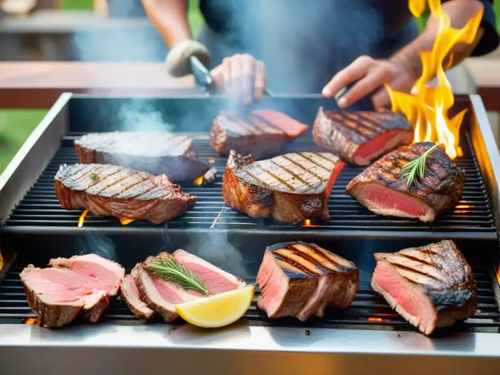 Un grupo de maestros asadores preparando carnes con esmero en una parrilla uruguaya