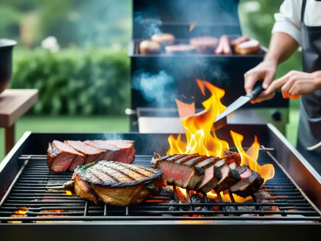 Un grupo de maestros asadores expertos cocinando carne a la parrilla en un ambiente natural