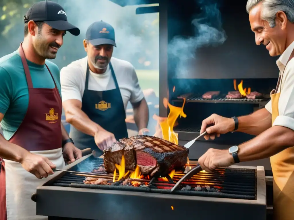 Un grupo de maestros asadores uruguayos intercambiando secretos alrededor de una parrilla tradicional, mostrando pasión y camaradería