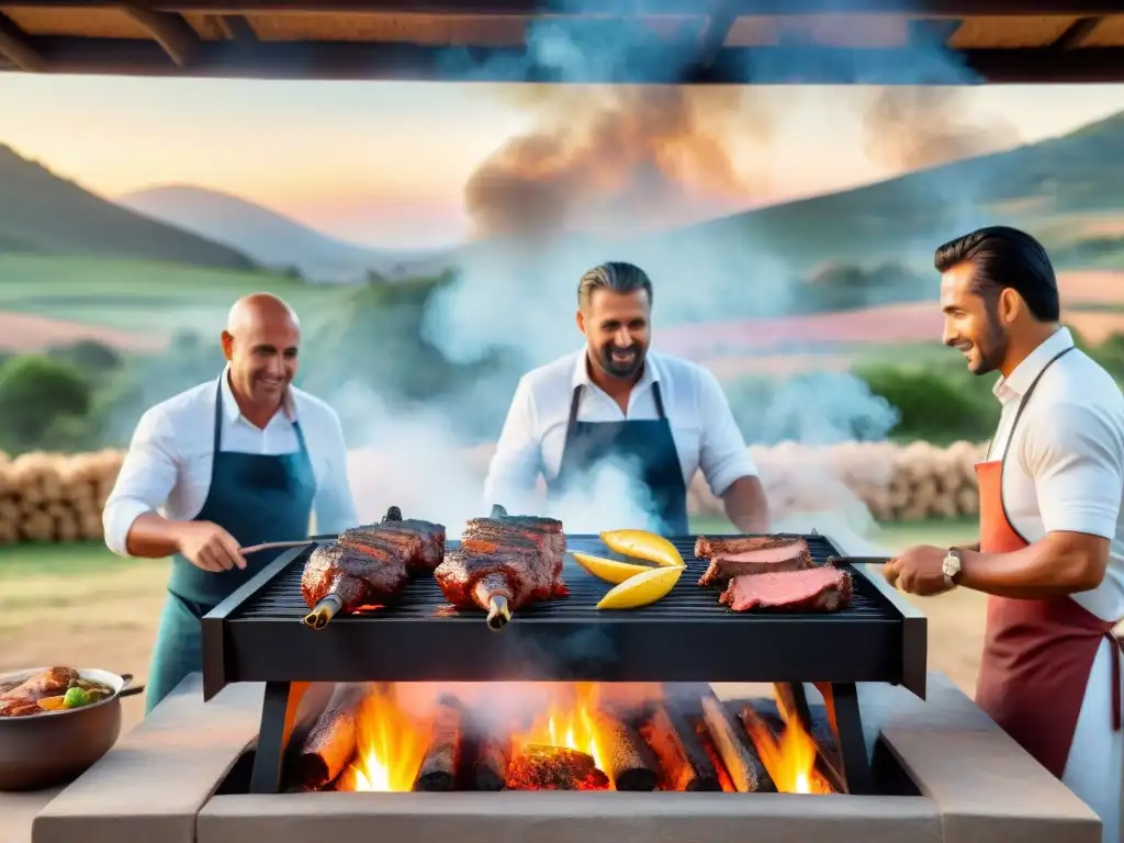 Un grupo de maestros asadores uruguayos cocinando secretos cortes de carne en una parrilla tradicional, en un entorno campestre al atardecer