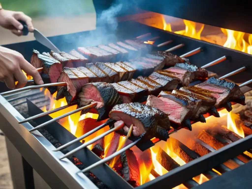 Un grupo de maestros asadores uruguayos en una parrilla tradicional, revelando los Secretos del asado uruguayo tradicional