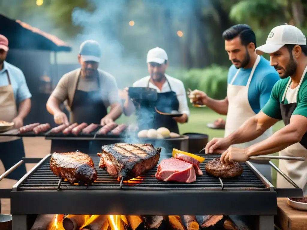 Un grupo de maestros asadores uruguayos preparando un asado con precisión y pasión en un entorno rústico