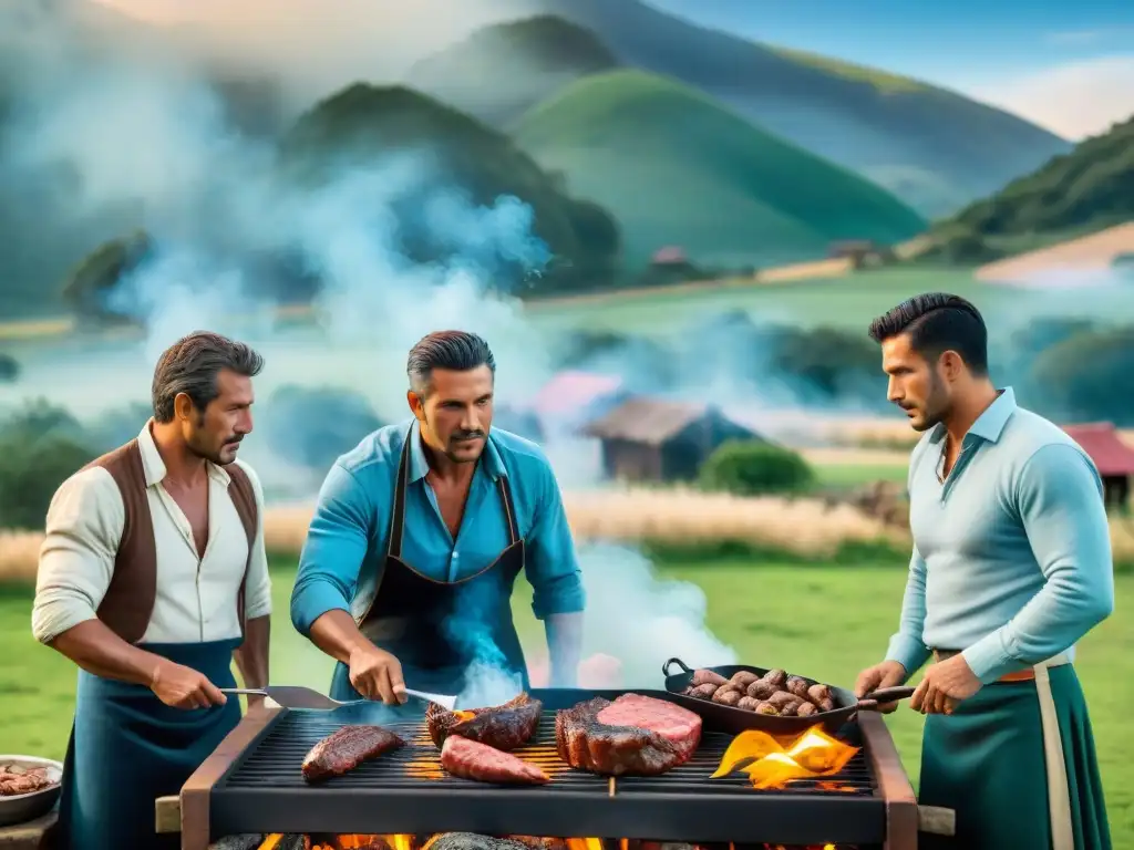 Un grupo de Maestros Parrilleros en Uruguay preparando un asado, rodeados de naturaleza y tradición gaucha