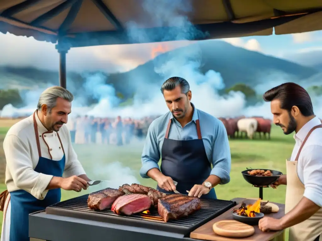 Grupo de maestros parrilleros uruguayos preparando el mejor asado al aire libre