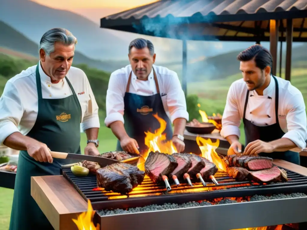 Grupo de maestros parrilleros uruguayos compartiendo secretos alrededor de una tradicional parrilla cargada de carne