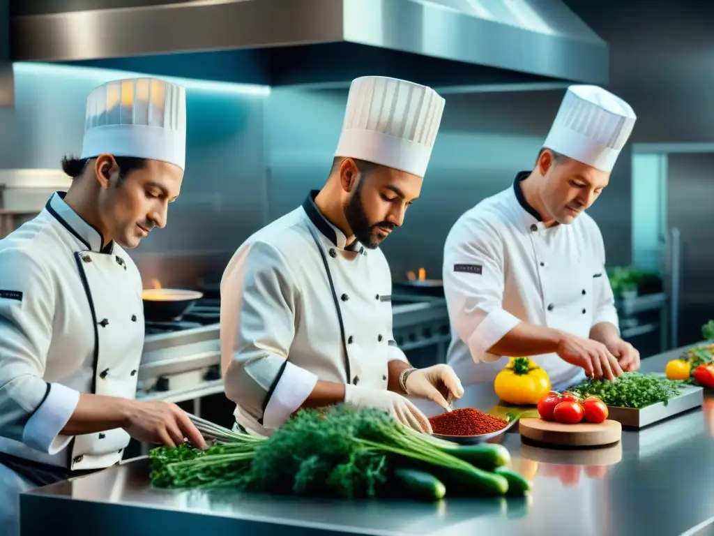 Un grupo de maestros condimentos Uruguay preparan salsas en una cocina moderna y elegante, destacando su arte culinario con intensidad y precisión