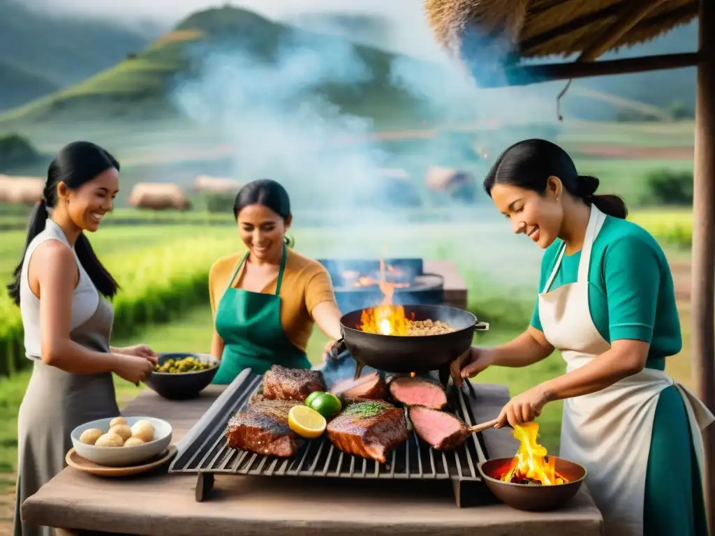 Un grupo de mujeres uruguayas participando activamente en un tradicional asado, rompiendo estereotipos de género