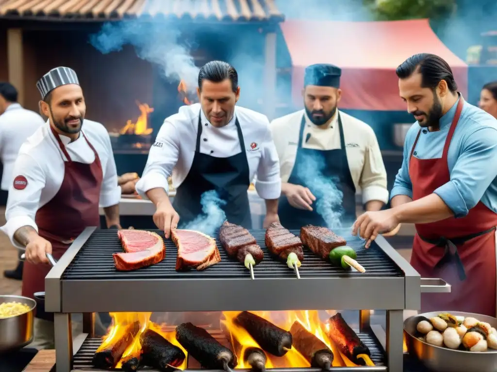 Un grupo multicultural de chefs preparando recetas asado uruguayo en parrilla, fusionando técnicas culinarias internacionales