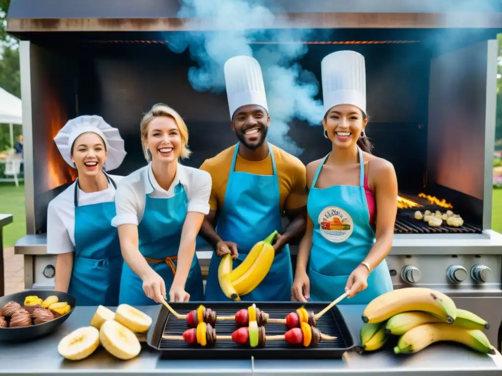 Un grupo de niños felices preparando postres divertidos a la parrilla bajo un cielo azul