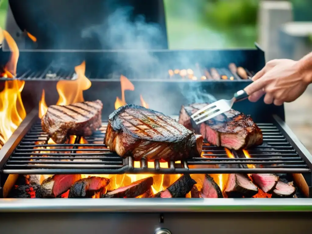 Grupo de parrilleros expertos asando jugosos filetes sobre carbón vegetal premium en una parrilla al aire libre