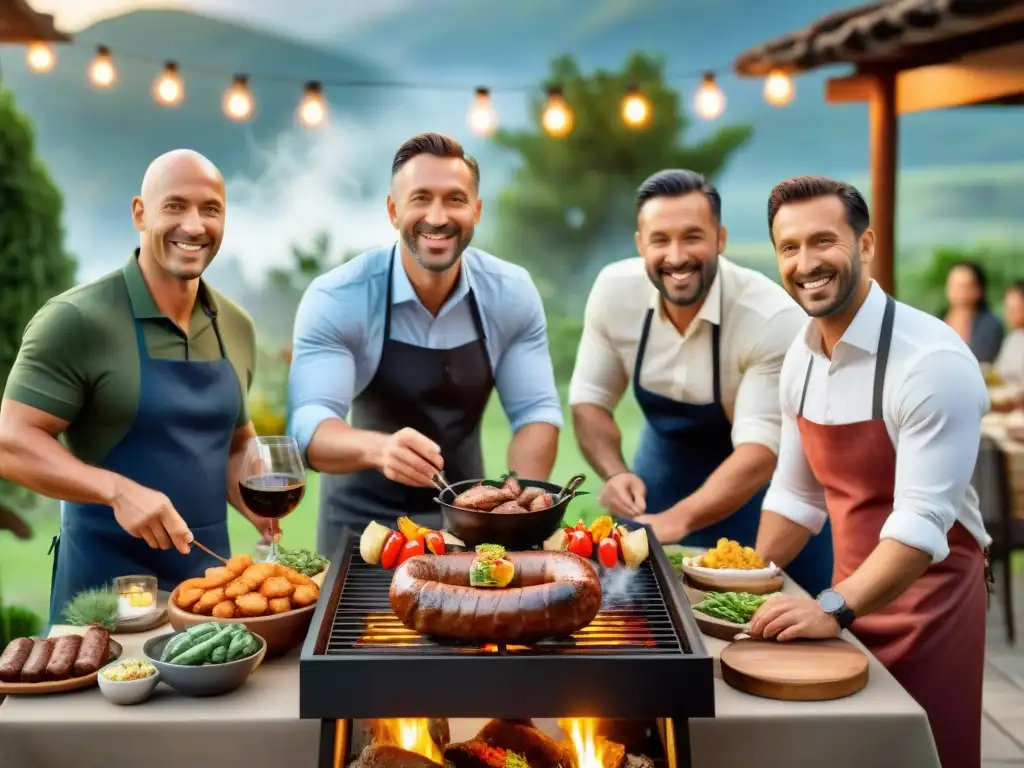 Grupo de profesionales disfrutando de un asado en evento de networking con asado bajo luces de string