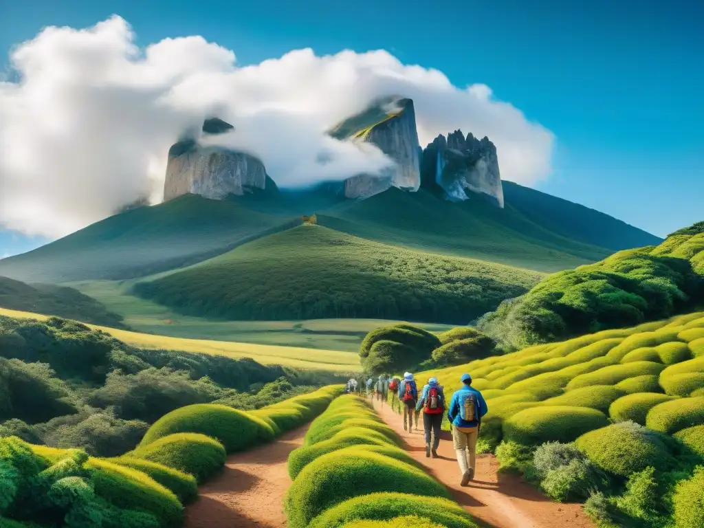 Un grupo de turistas aventureros disfruta del trekking en Uruguay, con el Cerro Catedral de fondo