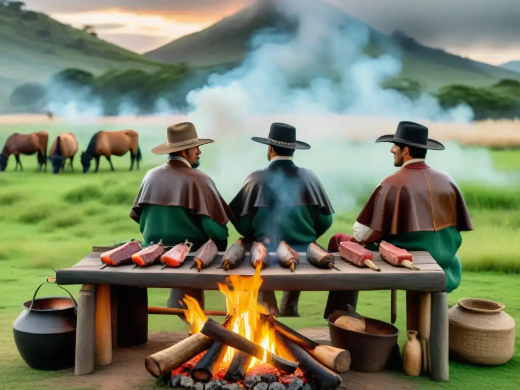 Un grupo de gauchos uruguayos en atuendo tradicional asando carne a la parrilla en el campo