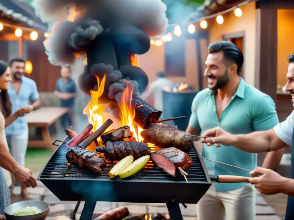 Grupo variado disfruta de un asado uruguayo en un patio acogedor, transmitiendo beneficios emocionales del asado uruguayo