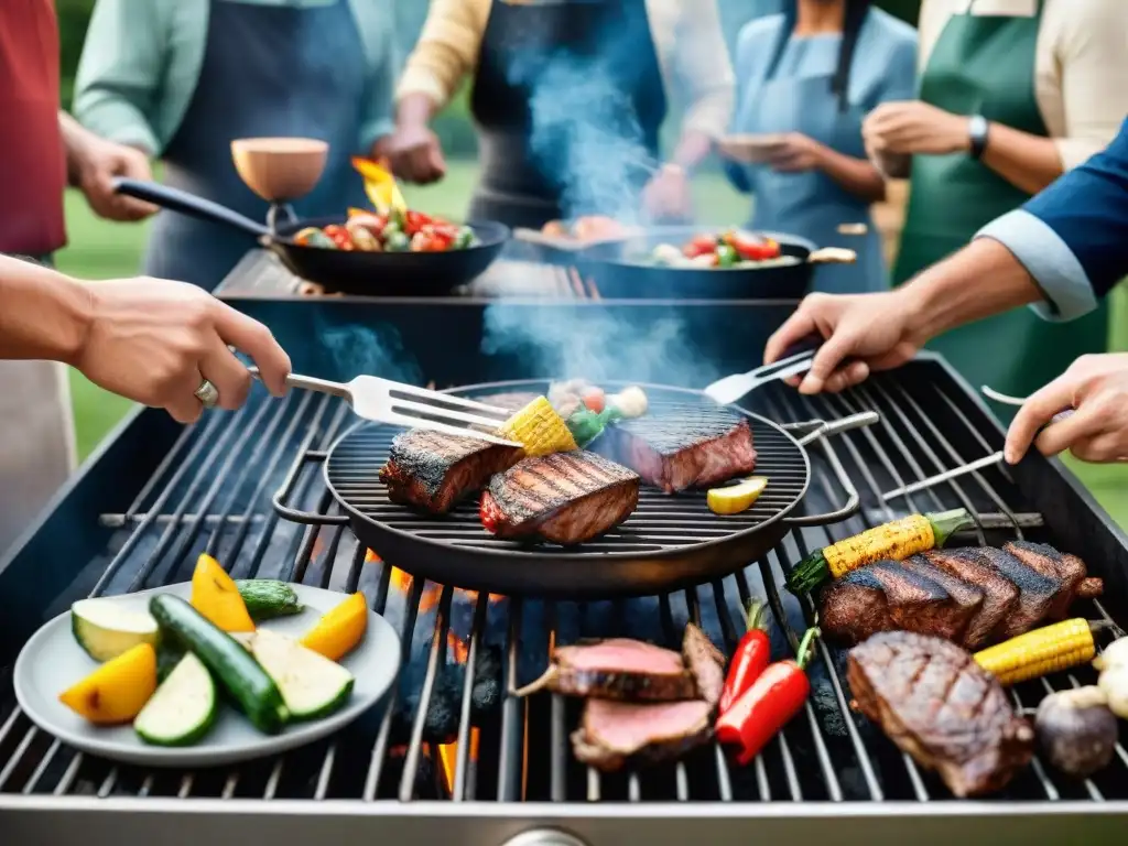 Un grupo variado de personas disfruta de una parrillada segura al aire libre