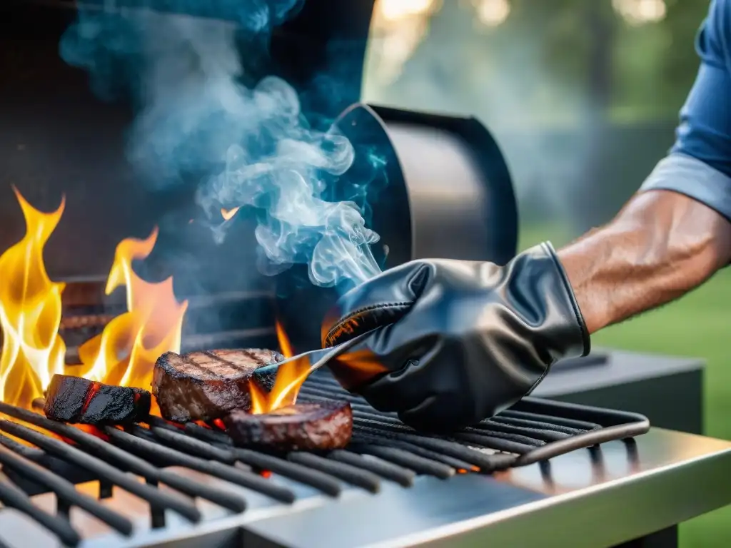 Guantes de Cocina en Cuero Negro para Parrilla: Elegancia y Resistencia Guantes asador alto rendimiento: Detalles de cuero negro brillante y protección contra llamas, ideal para parrillas profesionales