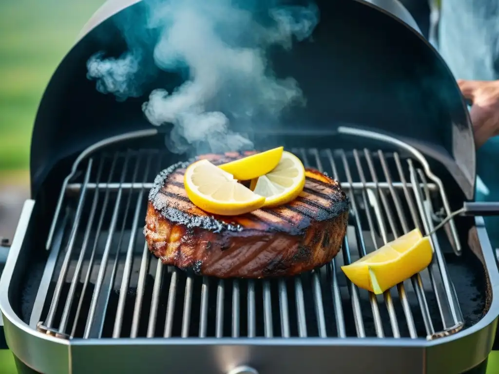 Una guía detallada de limpieza de equipamiento para asado, mostrando el proceso meticuloso paso a paso con colores vibrantes y texturas detalladas