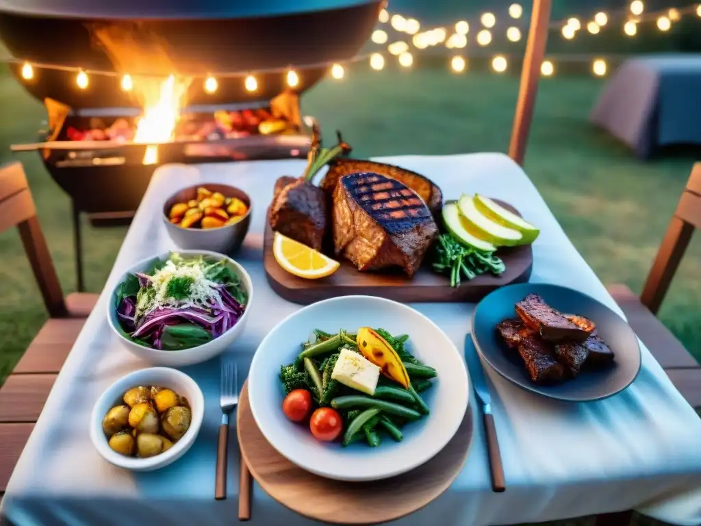 Guía parrilladas al aire libre: Mesa rústica con carnes, ensaladas y verduras a la parrilla bajo el cielo estrellado, amigos disfrutando