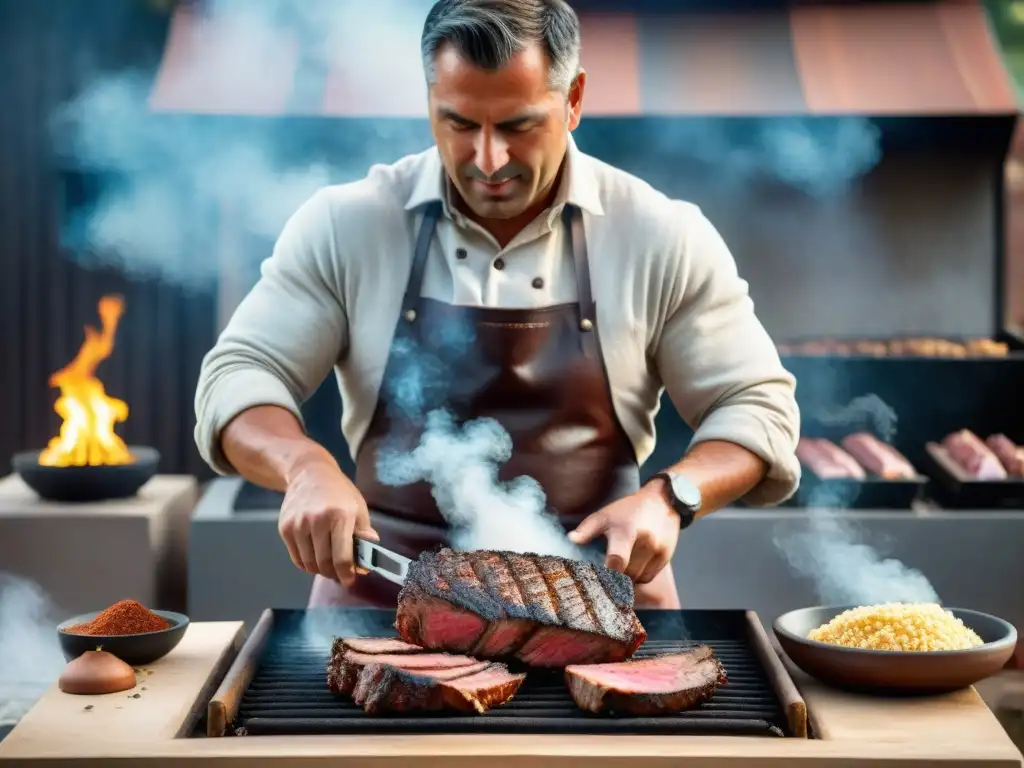 Un hábil asador uruguayo sazona carne a la parrilla con 'Secretos del asado uruguayo'