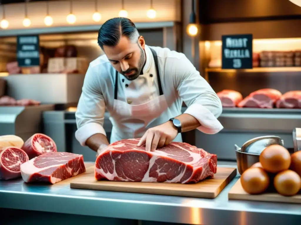 Un hábil carnicero cortando carne de calidad con influencia italiana en un bullicioso mercado de Uruguay