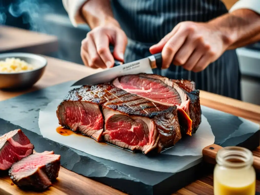 Un hábil carnicero recortando grasa de un suculento corte de ribeye, mostrando la marbling y la textura brillante de la carne