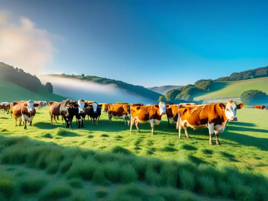 Herd of happy cows grazing on a lush green pasture under clear blue sky, with the keyword 'impacto ambiental del asado'