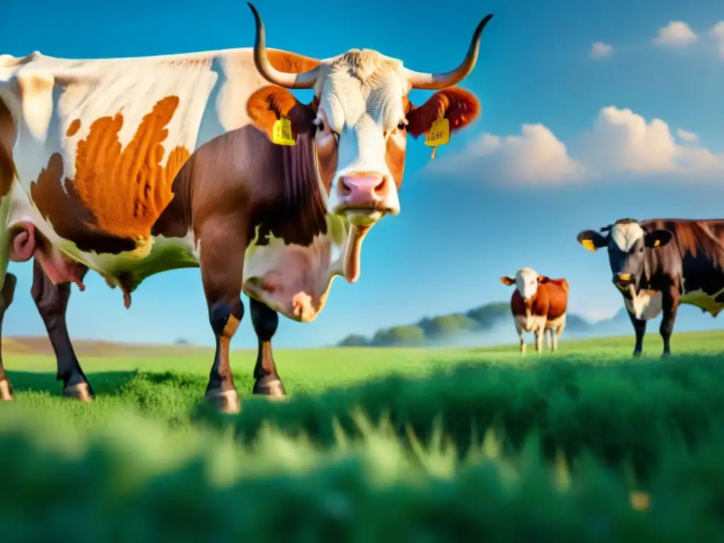 Herd of healthy cattle grazing on lush green pasture under clear blue sky