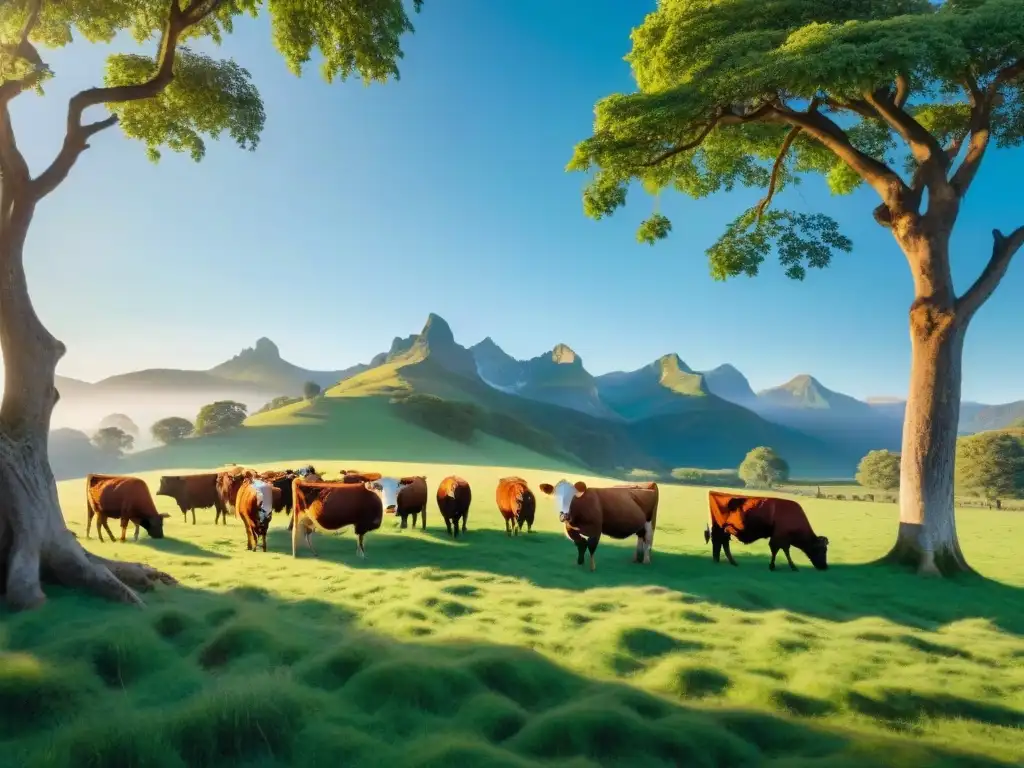 Hermosa escena de pastizales verdes con vacas pacíficas pastando bajo el sol