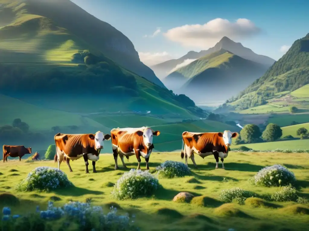 Hermosa imagen de pradera verde con vacas felices pastando bajo el sol