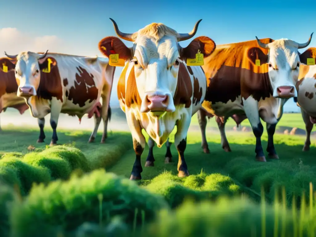 Hermoso paisaje de pasto verde con ganado saludable pastando bajo el sol, resaltando la importancia alimentación ganado en el sabor de la carne