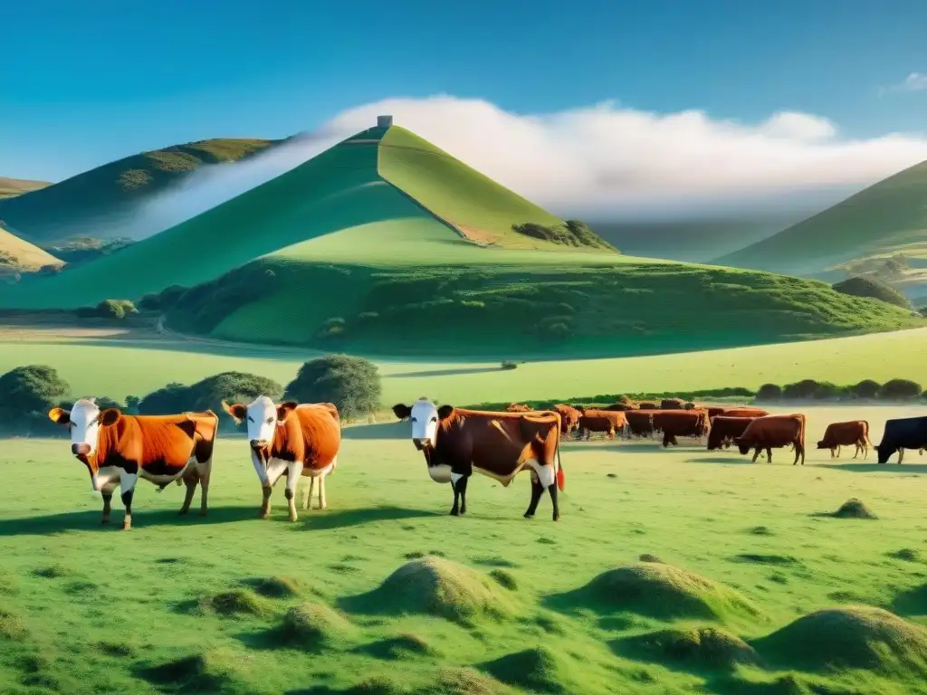 Un hermoso paisaje de un prado verde exuberante en Uruguay, con ganado pastando de razas Hereford y Angus bajo un cielo azul