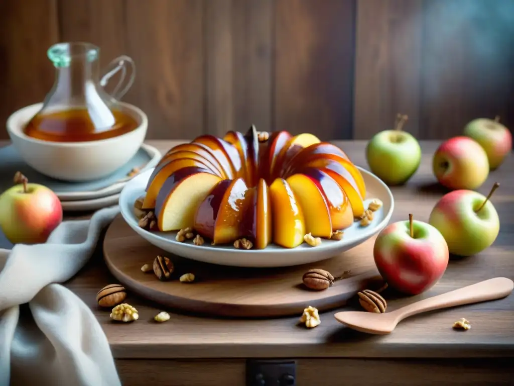 Un hermoso postre de manzanas asadas con miel y nueces, rodeado de ingredientes, en una mesa rústica