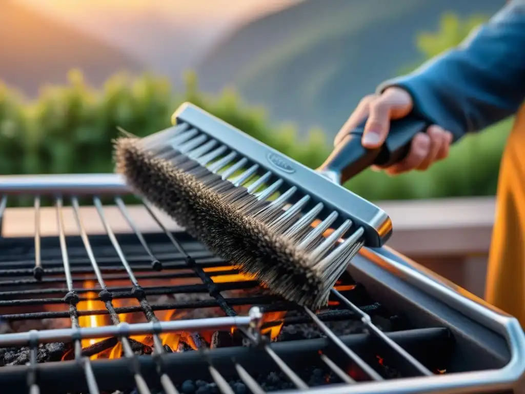 Herramienta eficiente para limpieza de parrillas, bajo cálida luz de atardecer en escena de asado al aire libre