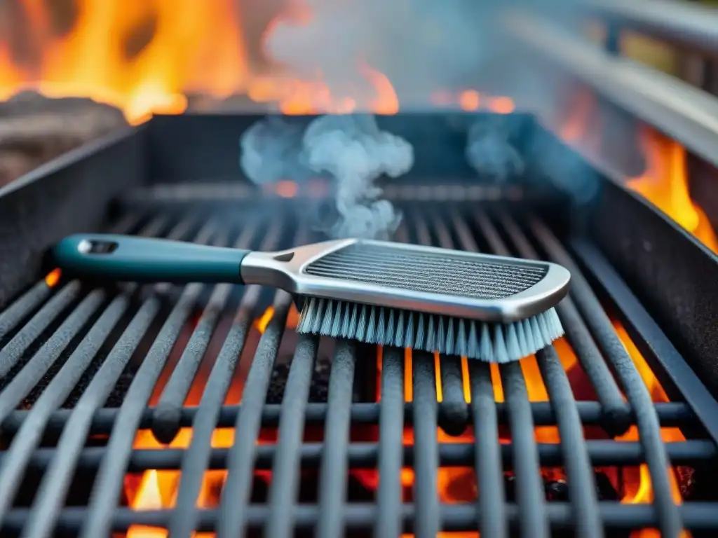 Herramientas de limpieza de parrillas eficientes eliminando residuos de la parrilla al atardecer