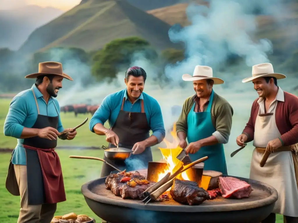 Historia del asado uruguayo: Gauchos expertos asando carne a la parrilla en el campo, entre humo y camaradería