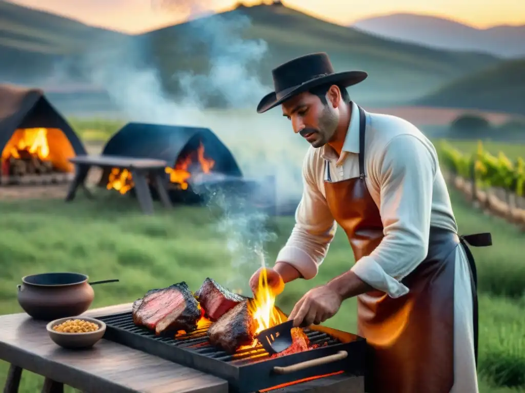 Un hombre orgulloso preparando un asado uruguayo en el campo al atardecer