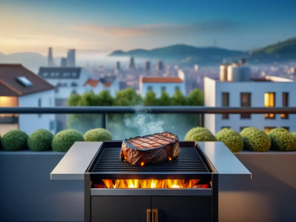 Barbacoa sin humo en apartamentos: parrilla eléctrica moderna en balcón con vista urbana y comida perfectamente cocida