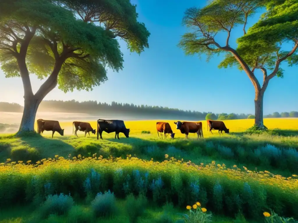 Idílica escena de pastizales verdes con ganado pastando bajo el cielo azul, resaltando la belleza de la carne asada sostenible impacto ambiental