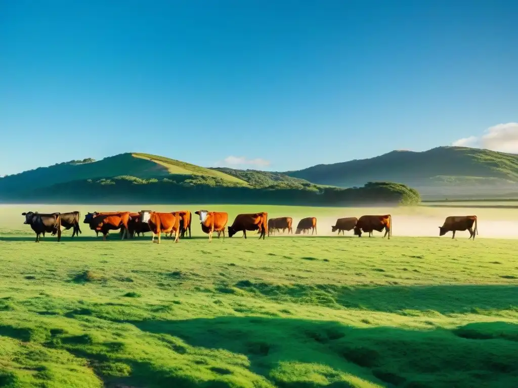 Idílica escena de pastizales verdes en Uruguay con ganado saludable bajo cielo azul, reflejando la sostenibilidad de la carne asada