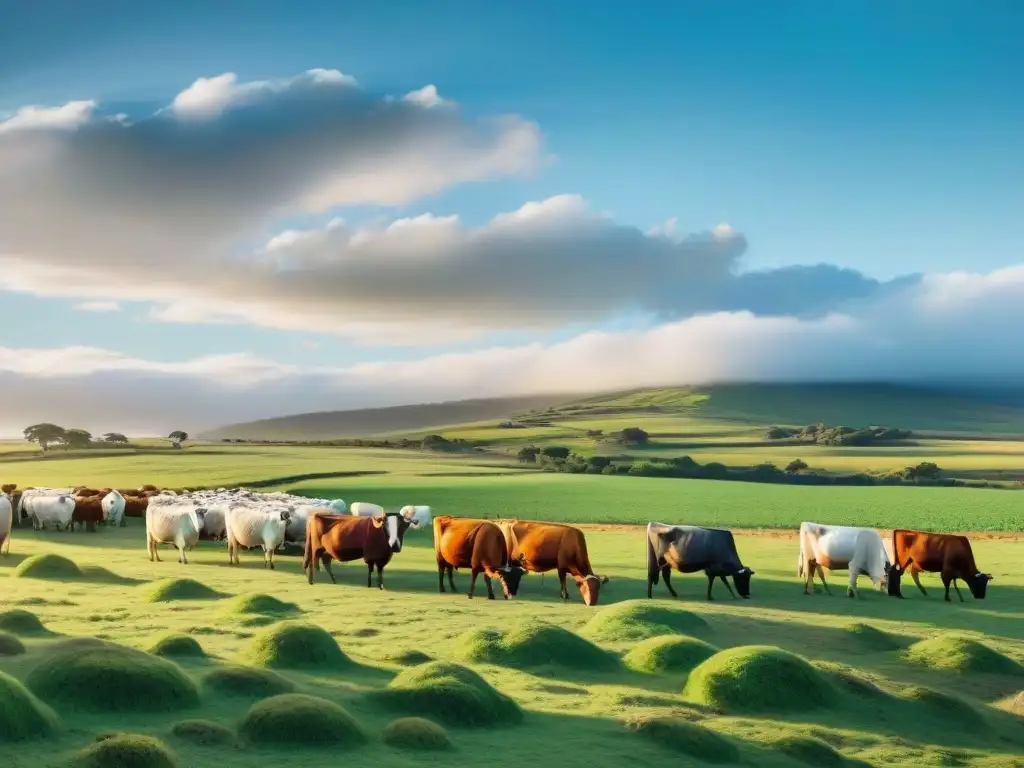 Idílica granja sostenible en Uruguay con ganado feliz pastando en un prado verde bajo el sol, reflejando prácticas éticas y sostenibles