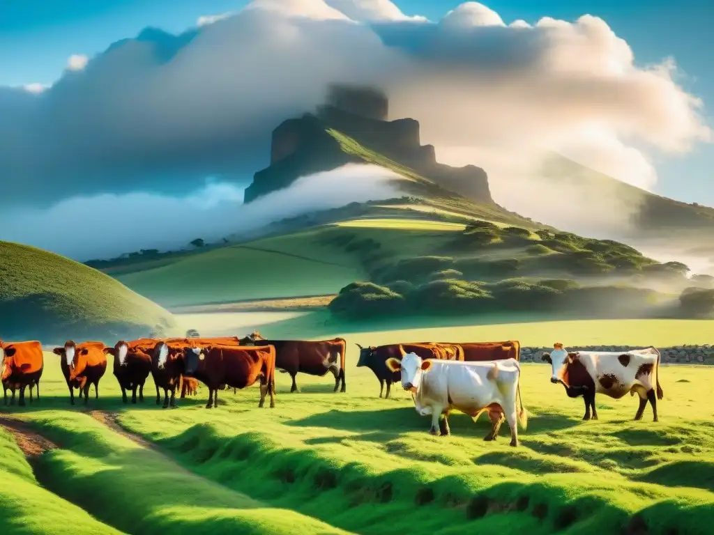Idílica granja verde en Uruguay con ganado pacífico pastando bajo el sol