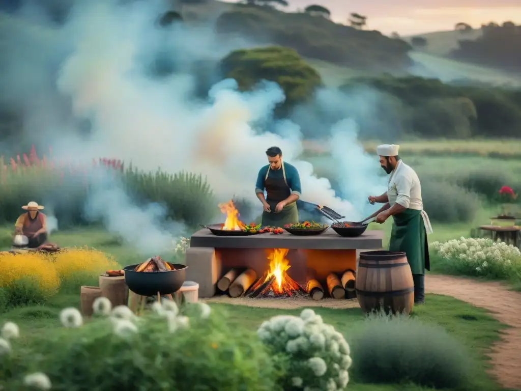 Un idílico asado uruguayo ecoamigable en la naturaleza: chefs preparan una deliciosa comida rodeados de vegetación y utensilios reutilizables