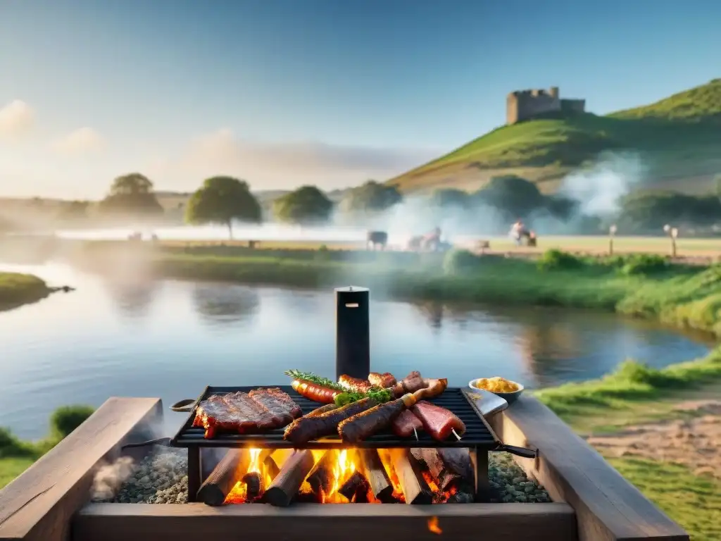 Un idílico asado uruguayo a orillas del río, con lugareños cocinando carne a la parrilla bajo el cálido sol