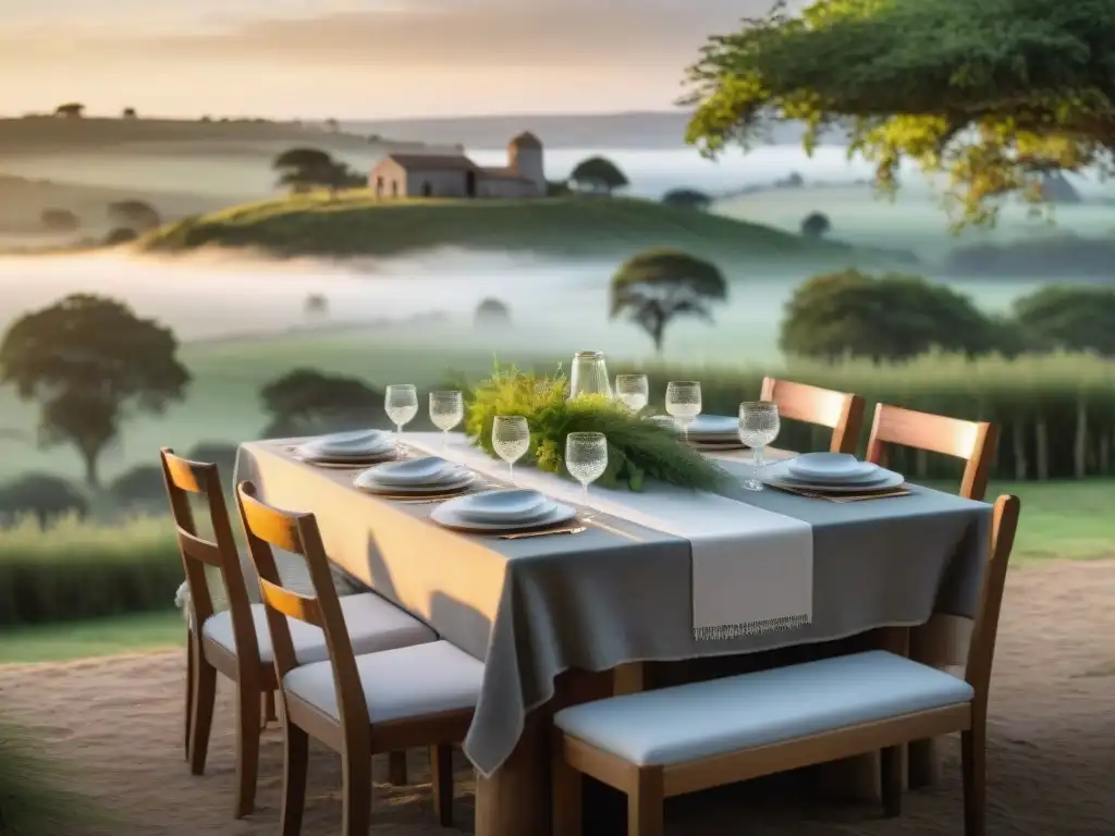 Un idílico escenario de mesa gastronómica en una estancia rústica en Uruguay, rodeada de exuberante naturaleza