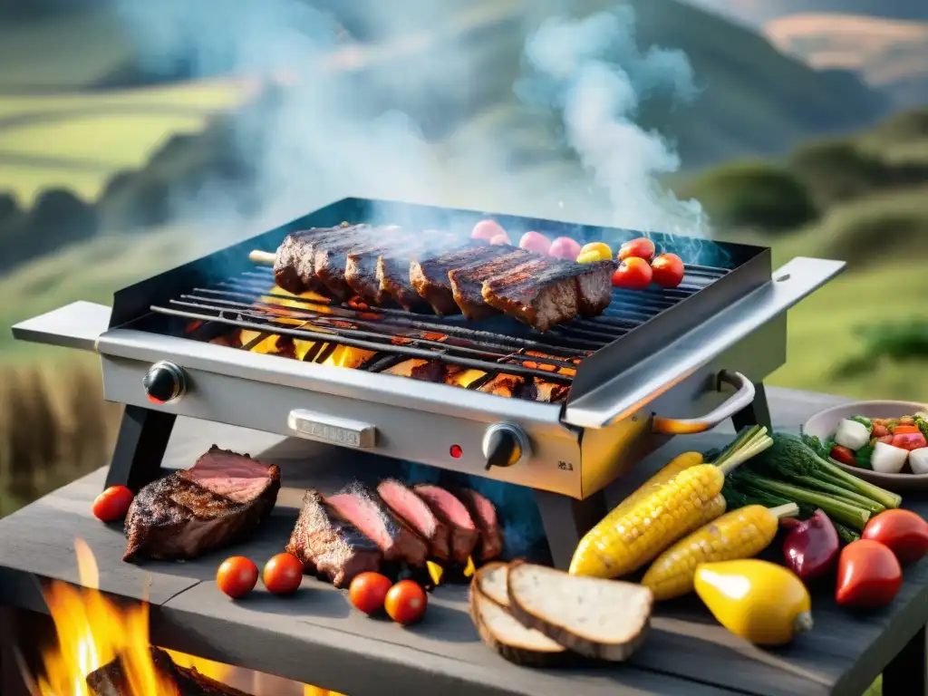 En un idílico paisaje campestre, un asado uruguayo tradicional en su punto