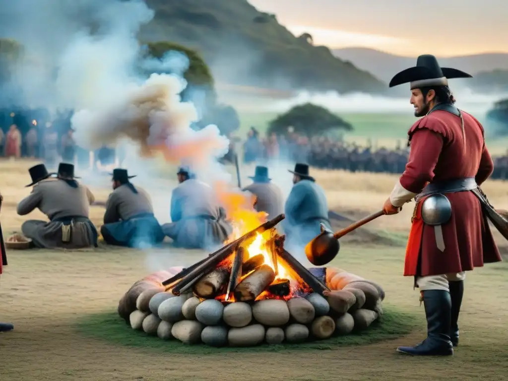 Imagen: Gauchos preparando un asado tradicional en la campiña durante la Guerra de los Cien Años, soldados medievales pasan en el fondo