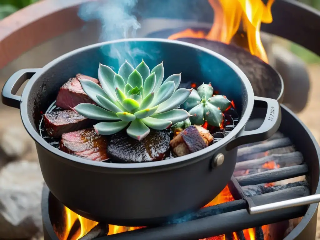 Una imagen cautivadora de un asado uruguayo técnicamente braseándose lentamente en una olla de hierro sobre brasas, rodeado de naturaleza exuberante