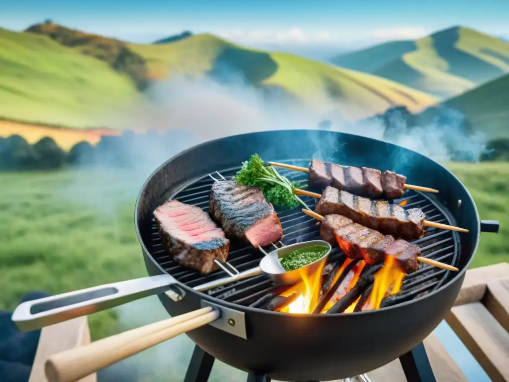 Una imagen detallada de un asado uruguayo tradicional con accesorios y herramientas, rodeado de comida deliciosa y paisaje campestre