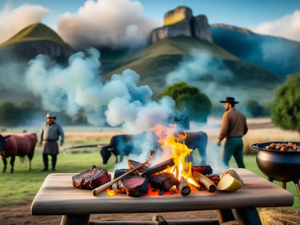 Una imagen detallada de un asado uruguayo tradicional en el campo, gauchos cocinando carne a la parrilla