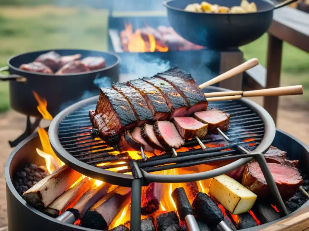 Imagen detallada de un asado uruguayo con cortes suculentos importados cocinándose sobre brasas